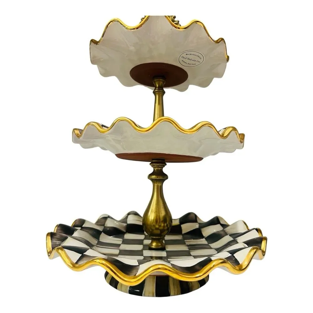 MacKenzie-Childs Courtly Check 3 Tier Sweet Stand Ceramic Gold 17”